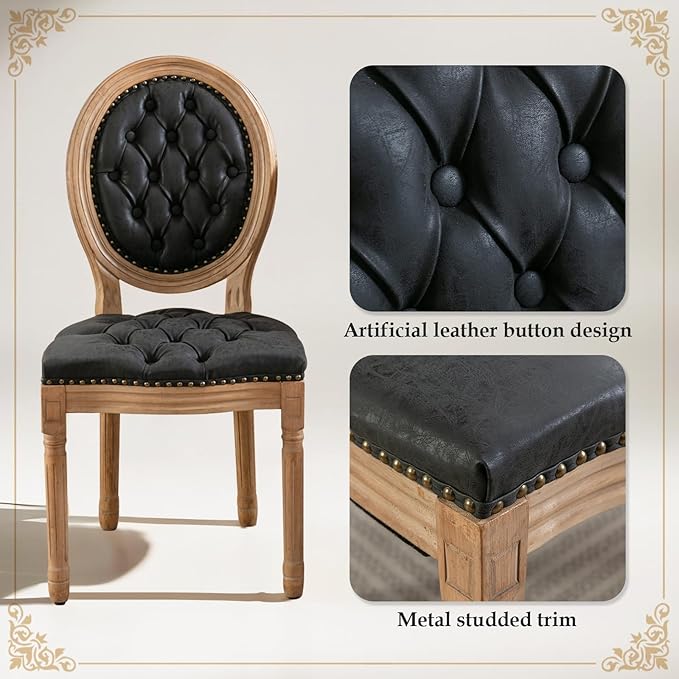 SoarFlash French Dining Chairs Set of 6, Vantage Dining Chair with Round Back, Farmhouse Country PU Leather Dining Chair for Kitchen,Bedroom,Black