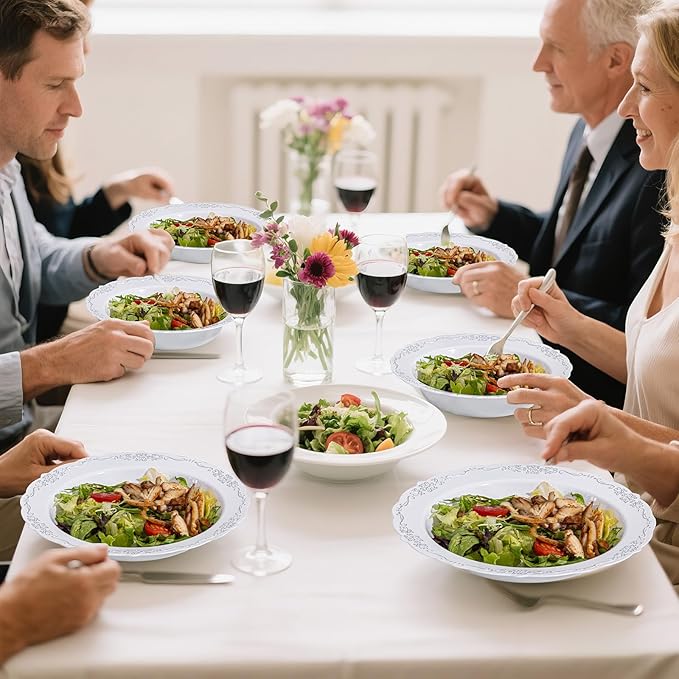 DaYammi 30 Pack Plastic Bowls with Silver Rim, 12oz Disposable Soup Bowls, Silver Bowls Disposable Heavy Duty Dinner Bowls for Weddings,Plastic Serving bowls Parties,Dinners,Catering and Everyday Use