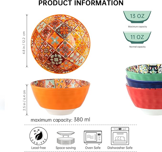 Henten Home Ceramic Small Bowls Set, 12 oz Soup Bowls Set of 4, Porcelain Snack Bowls Set for Salad, Rice, Ice Cream, Microwave & Dishwasher Safe Mosaic Style