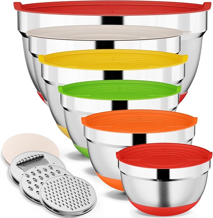 9 Pack Mixing Bowls with Airtight Lids Set, Stainless Steel Mixing Bowls with Grater Attachments, Nesting Kitchen Bowl Set with Non-Silp Bases, Size 7, 4, 3, 2, 1.5,1QT, Multi