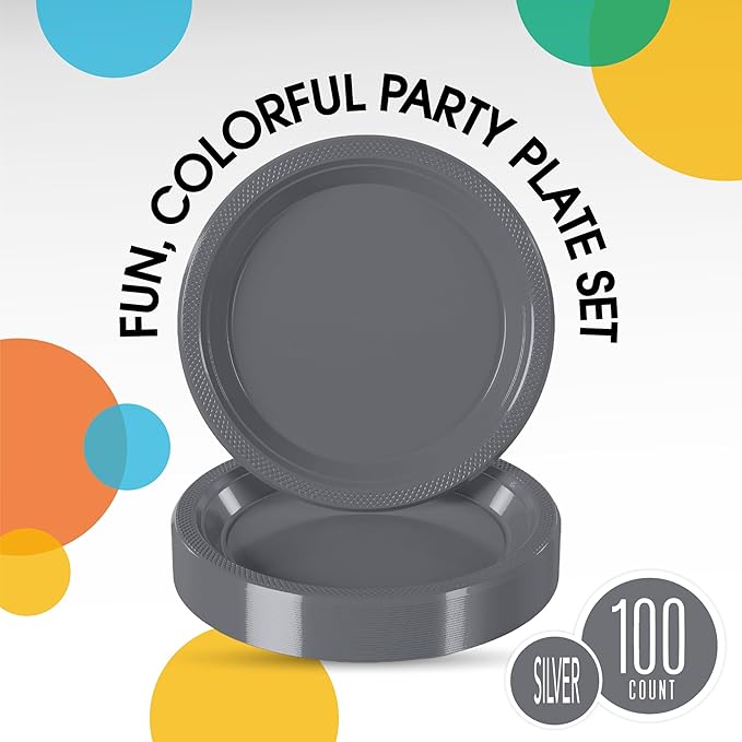 Silver Plastic Plates For Party 7" Silver Disposable Plates Heavy Duty 100 Pcs Plastic Dinnerware Sets Heavy Duty 350 GSM Disposable Dinnerware Set