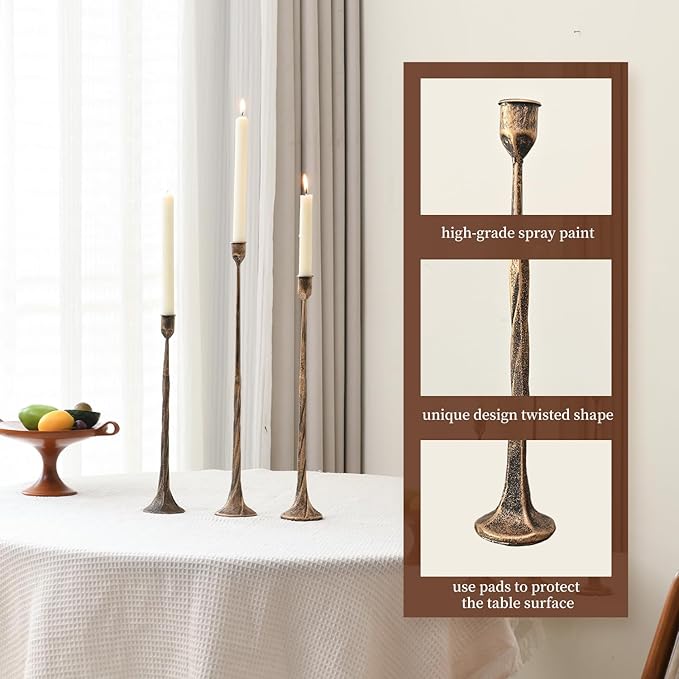 Set of 3 Candle Stick Holders, Iron Antique Gold Candlestick Holders, Fits 3/4 inch Thick Candles, Tapered Candle Holders Tall Set for Dining Table, Wedding, Home Decoration