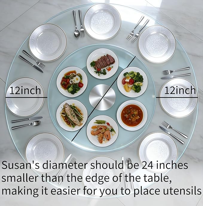 28" Glass Lazy Susan for Dining Table, Glass Turntable Table Centerpiece with 6 Rotating Wheels, 360° Smooth and Silent Spin Tabletop Rotating Tray, for Family Gatherings, Banquets, Weddings, 72 cm