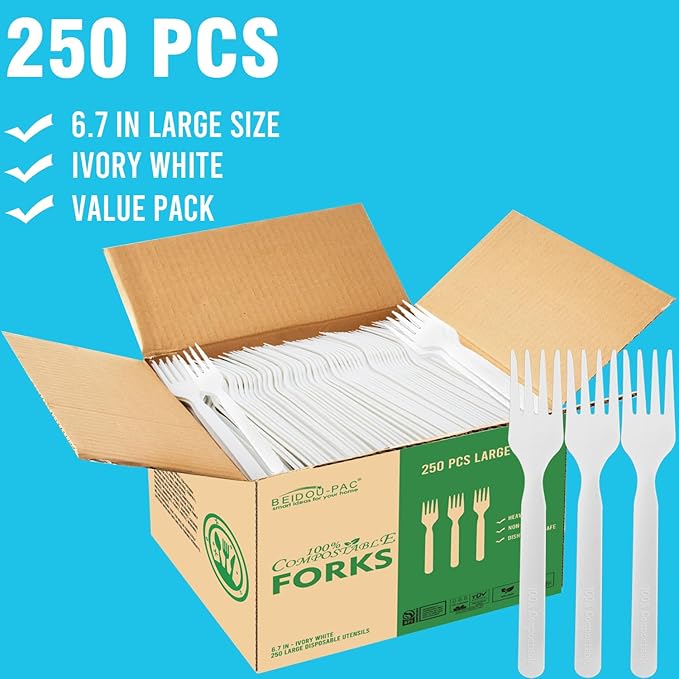 250 Count Compostable Disposable Non Plastic Forks, Large Heavy Duty Biodegradable Utensils, Eco Friendly Durable Sturdy Recyclable Forks Flatware Silverware for Party Wedding Daily Use
