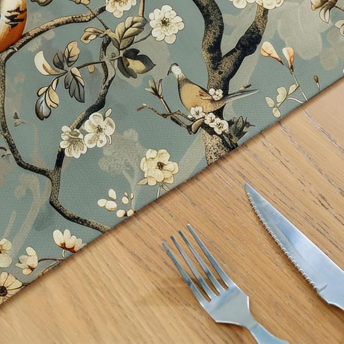 12"x18" Vintage Blue Grey Flower Bird Tree Plants Forest Placemats Set of 4 Washable Thick Place Mats Kitchen Table Mats Decorative Linen Fabric Table Mat for Dining Table Kitchen Home Decor