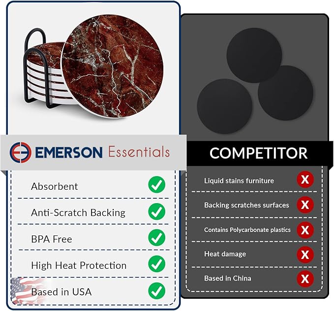 Emerson Coasters for Drinks Absorbent – Natural Stone Drink Coasters Set with Holder, Coasters for Coffee Table, Wooden Tabletop Protection Marble Style – 100% Heavy Duty Set of 6 (Ruby)