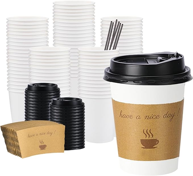 100 pack 12 oz Disposable Thickened Coffee Cups with Lids, Scald Resistant Hot Cup with Sleeve and Straw, To Go Coffee Cups for Home, Office, Cafes and Party (White 12oz)