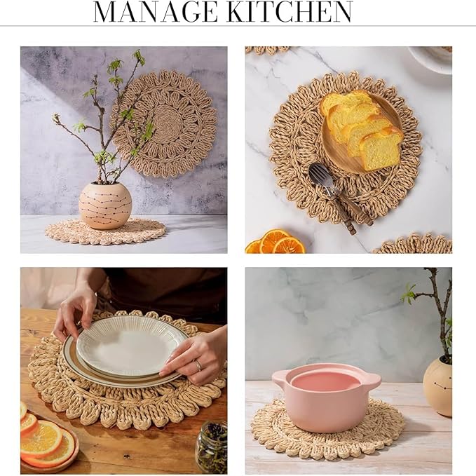 15" Set of 6 Round Corn Husk Placemats | Boho Woven Rattan Table Mats | Farmhouse Wicker Spring Plate Chargers Like Water Hyacinth, Seagrass for Wedding, Party, Christmas, Events