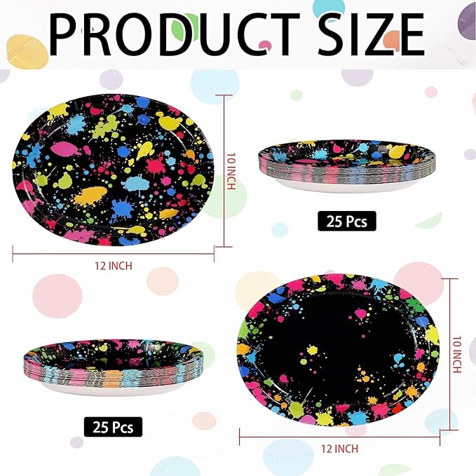 Grencian 50Pcs Neon Party Supplies 10" X 12" Large Heavy Duty Neon Glow Oval Paper Plates Colorful Graffiti Birthday Decorations for Baby Shower Birthday Glow in the Dark Theme Parties