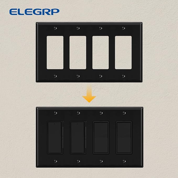ELEGRP 4-Gang Decorative Wall Plates, Standard Size Unbreakable Thermoplastic Faceplate Cover for Decorator Receptacle Outlet Switch, UL Listed (1 Pack, Glossy Black)