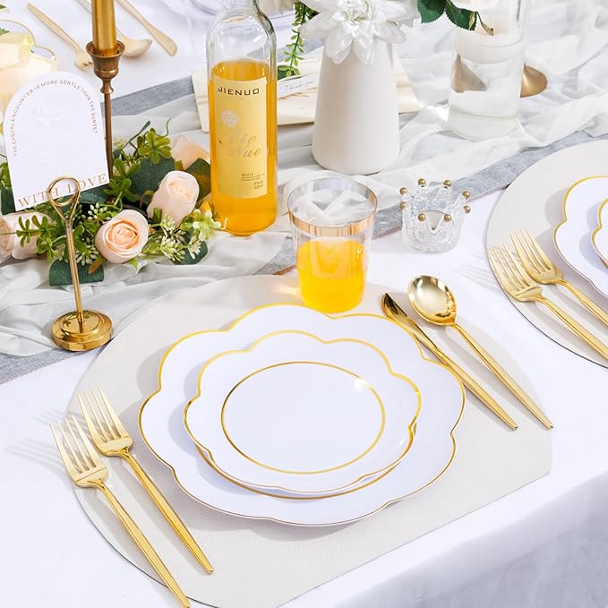 EI 180pcs White Plastic Plates with Gold Plastic Silverware,Heavy-Duty Disposable Plates for Party,White Dinnerware Set for 30 Guest Wedding,Afternoon Tea,Spring,Mother's/Valentine's Day