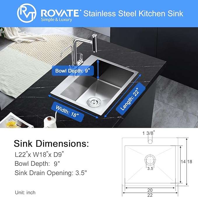 ROVATE 22x18 inches Drop-in Kitchen Sink Single Bowl Stainless Steel with 1 Hole, Handmade Topmount Kitchen Sink with Basket Strainer