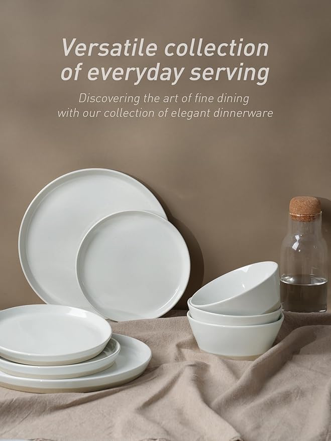 Famiware Saturn 16 Pieces Plates and Double Bowls Sets for 4, Stoneware Dinnerware Set with Pasta Bowl, Dish Set with Trim - Chip & Scratch Resistant, Microwave & Dishwasher Safe, White