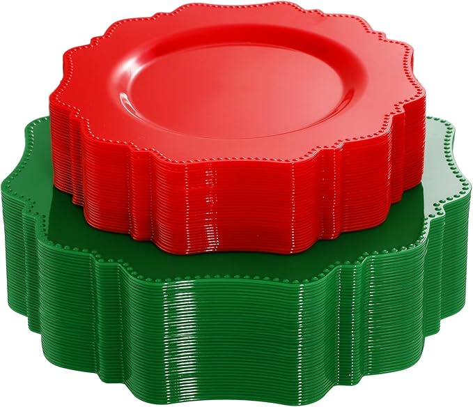COLOSUS 100pcs Red and Green Plastic Plates, Red and Green Christmas Plastic Plates, Heavy Duty 25 Green/Red Dinner plate 10.5” and 25 Red/Green Salad/Dessert Plate 8.25” suite for Festival