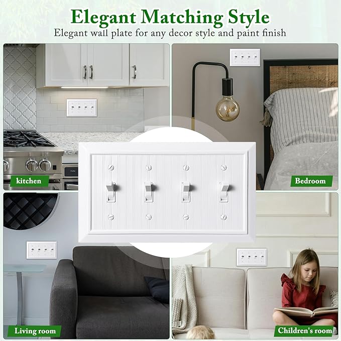 Beadboard Outlet Covers Wall Plates, Bamboo Fiber Light Switch Covers, Natural Material Electric Receptacle Decorative Switch Plate Outlet Cover (Pure White, 4 Gang Toggle 1 Pack)