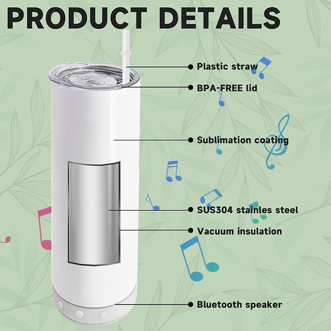 20oz-12pack Luminous Green Bluetooth music Sublimation Tumbler Blank with Straw, Slider Lid, Double-Wall Stainless Steel Vacuum Insulation, Removable Rechargeable Wireless Speaker