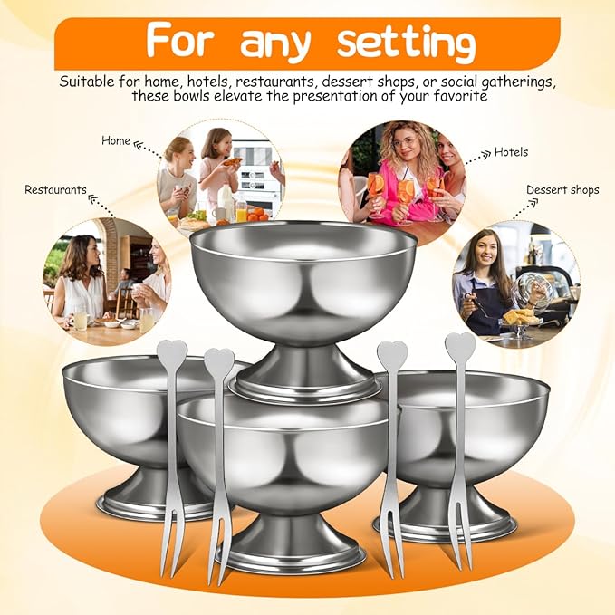 Totority Stainless Steel Ice Cream Bowls 4 Set – Footed Dessert Cups for Sundae, Yogurt, Pudding, Fruit Salad, Snacks Stackable Serving Dishes for Home Parties Restaurants with Modern Polished Look
