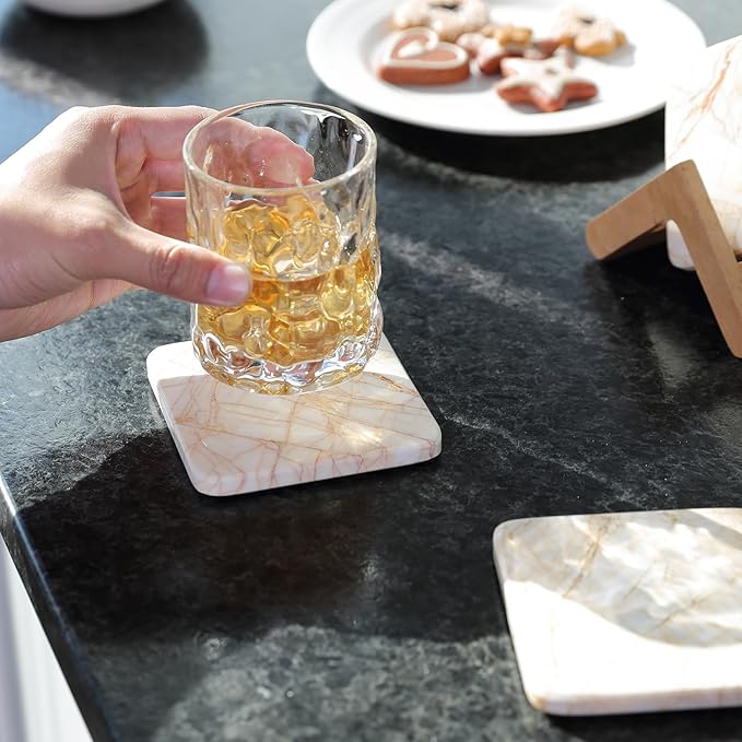 Koville Marble Coasters Set of 5, Square Coasters with Holder for Drinks, 4" Cup Coaster for Coffee Table Home Office Bar Decor, Heat Resistant Decorative Drink Coaster (White&Gold)