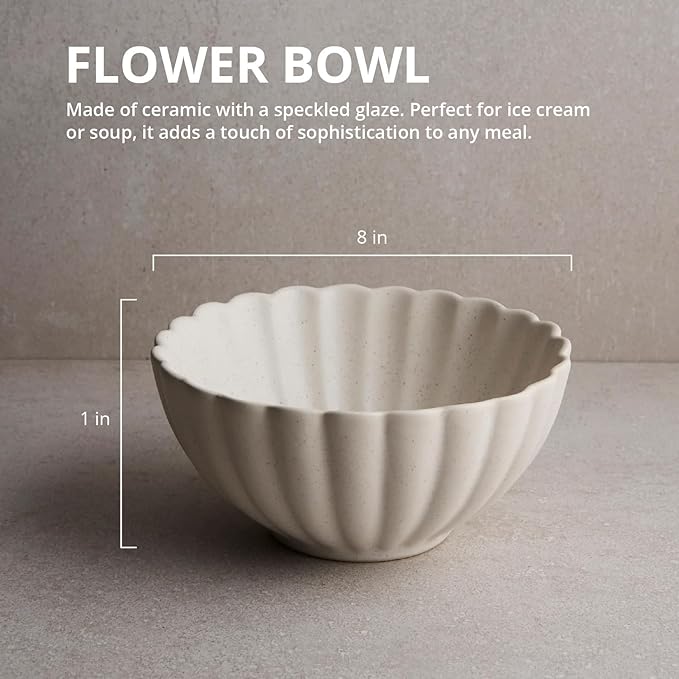Goodies White Classic Flower Bowls (Set of 4), Handmade Ceramic, Glazed, Dishwasher Safe, Microwave Safe, Petal Shaped Design, Durable, Stackable, Elegant Dinnerware, 6 Inch, 16 oz
