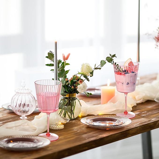 24 PCS Pink Plastic Wine Glasses with Removable Stems 13.5 OZ Ribbed Wine Glass Set Square White Wine Glasses Muted Pastel Colors Goblets Elegant Fluted Glassware for Wedding(Pink, 24 Pack)