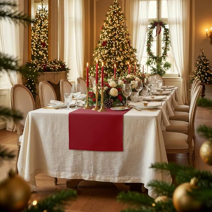 D'Moksha Homes Linen Red Table Runner 120 Inches Long - 100% Pure Linen Dining Table Runner 14 x 120 Inch for Valentines, Spring - Machine Washable
