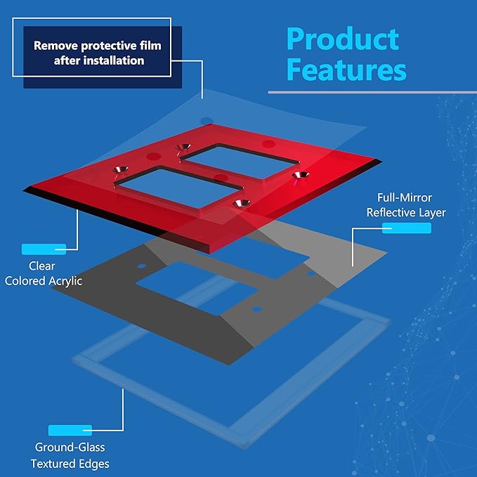 LIDER Reflective Acrylic Decorator Wall Plate, Mirrored Light Switch Plate, Plexiglass Outlet Cover, Acrylic Glass, Oversized 2-Gang 5.25" x 5.25", LWP-32O-ARD5P, Red, 5 Pack