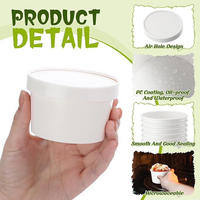 Fulmoon 100 Pack Paper Soup Containers with Lids Disposable Paper Food Containers with Vented Lid Kraft Ice Cream Cake Dessert Cups Soup Bowl for Party Hot Food Fruit Microwave(5 oz,White)