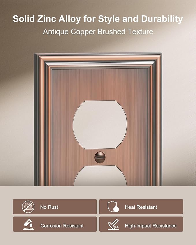 6-Pack Single Duplex Outlet Cover Plate, Decorative Antique Copper Switch Plates and Outlet Covers, Metal Wall Plates for Electrical Outlets, 1 Gang Receptacle Cover, Corrosion Resistant