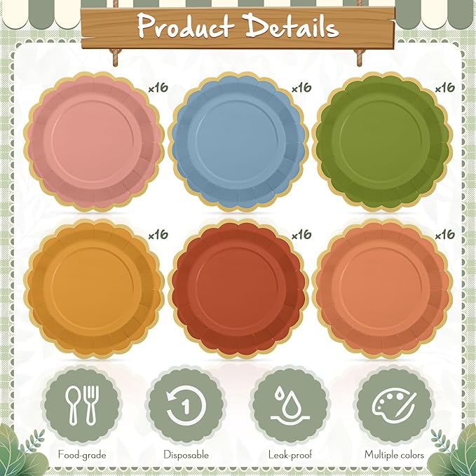 96 Pcs Fall Wildflower Color Paper Plates 9 Inch Colorful Boho Scalloped Paper Disposable Dinner Dessert Plates for Autumn Thanksgiving Birthday Wedding Bridal Party Supplies, 6 Colors