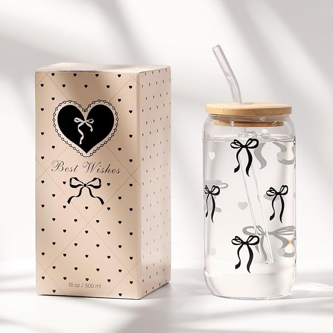 Coquette Black Bow Aesthetic Cup With Gift Box 16oz Glass Cup with Lids Straws and Black Bow Iced Coffee Smoothie Cute Tumbler with Cleaning Brush for Girls Bestfriend Sister Girlfriend, Preppy Stuff