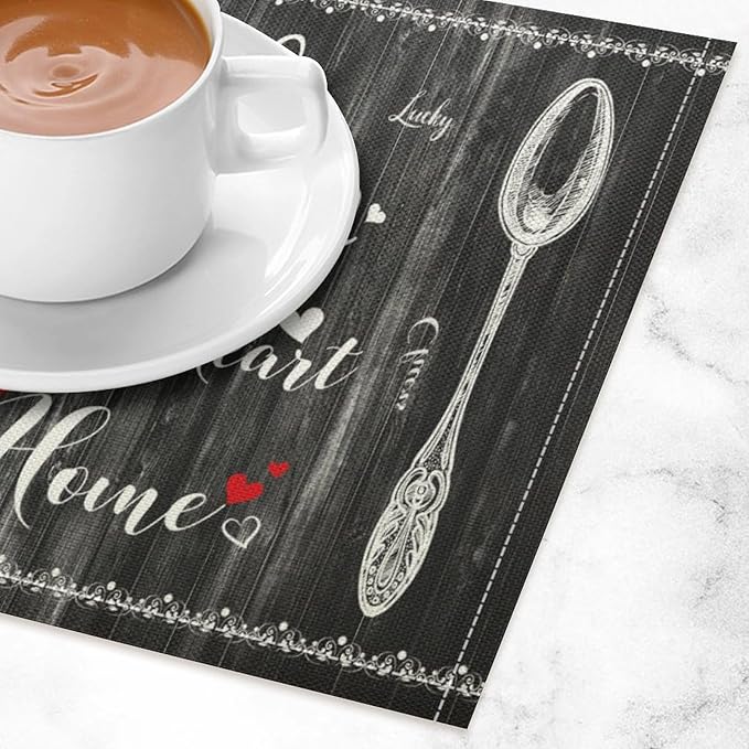 Vintage Farmhouse Placemat Set, Minimal Black White Rural Plank Art Sketch Cutlery Knife Fork Inspirational Quotes Pattern Home Decor Linen Table Mats for Dining Room Kitchen Party (17x12in) x2P
