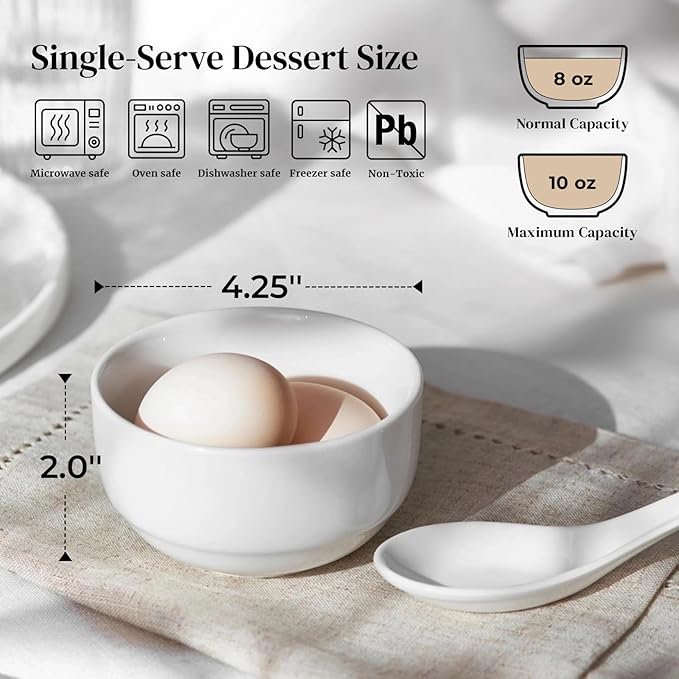 DOWAN 10 OZ Small Bowls, Ice Cream Bowls - 4.25" Ceramic Dessert Bowl Set of 6 - Porcelain Small Cereal Bowls, Side Dishes Dipping Bowl for Portion Control - Dishwasher Microwave Safe（Soft White