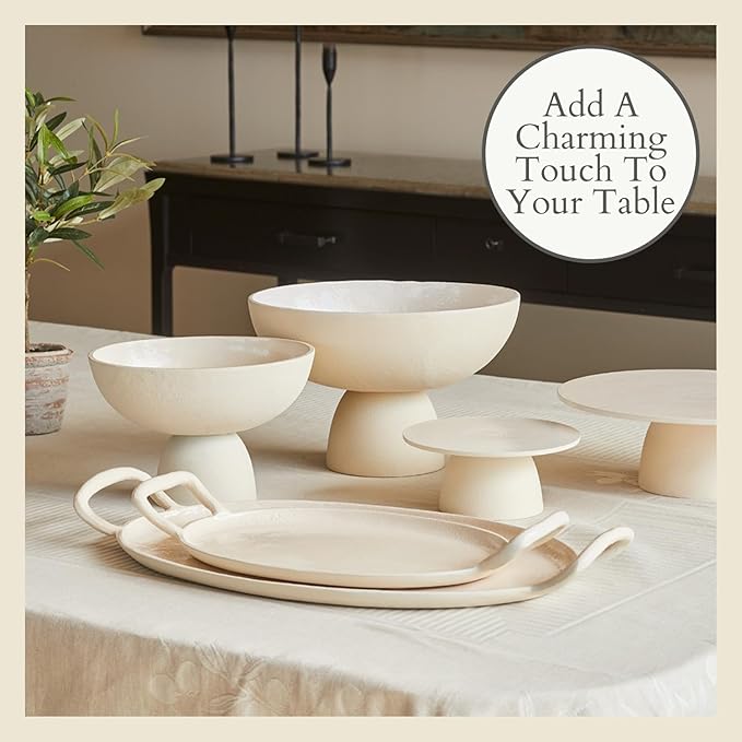 CG Hunter Large Crème Footed Bowl, Elegant Aluminum Serving Dish, Perfect for Home Decor, Dining Table Centerpiece, Fruit Display, Salad Serving, and Decorative Kitchen Accents