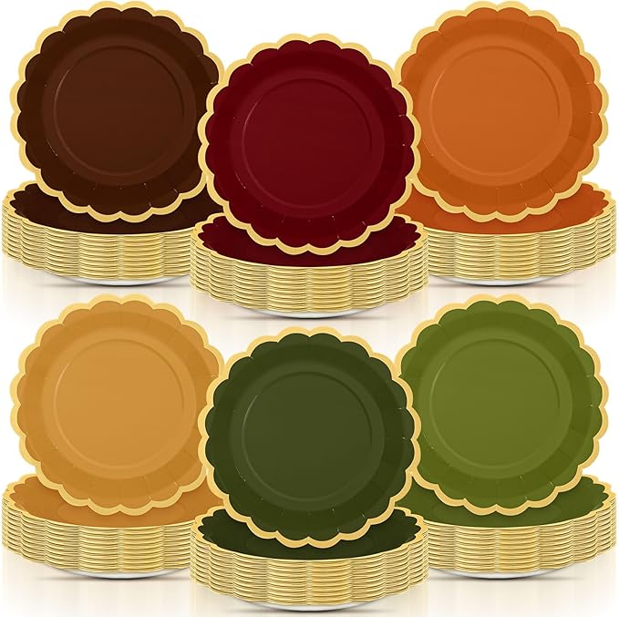 96 Pcs Fall Paper Plates 9 Inch Gradient Scalloped Paper Plates Disposable Dinner Dessert for Birthday Wedding Bridal Party Supplies, 6 Colors