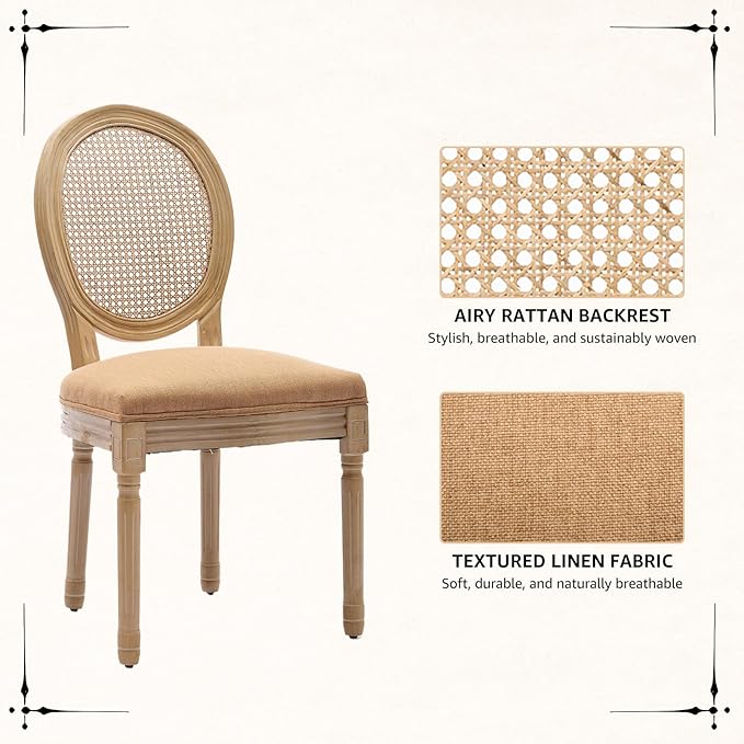 Vintage French Rattan Dining Chairs Set of 8, Round Back Accent Chairs with Rattan Backrest and Upholstered Linen Seat, Solid Wood Frame Sillas de Comedor for Dining Room & Kitchen, Camel