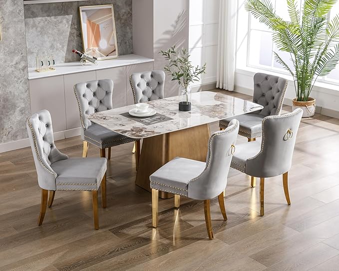 KCC Velvet Dining Chairs Set of 2, Upholstered High-end Tufted Dining Chair with Nailhead Back Ring Pull Trim Stainless Steel Legs, Contemporary Nikki Collection Modern Style for Kitchen, Light Gray