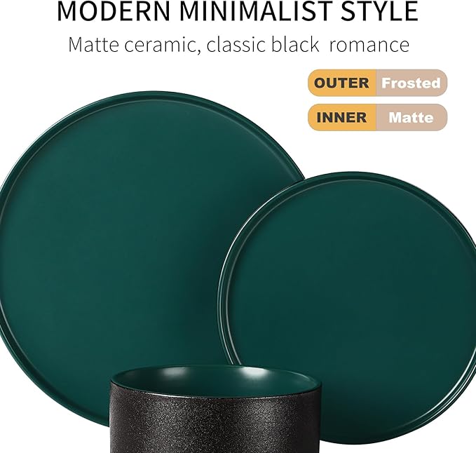 GZG Classic Series - Plates and Bowls Set for 4, 12 Piece Stoneware Dinnerware Sets, Microwave and Dishwasher Safe Lead-Free Handcrafted Ceramic Dishes Set - Malachite Green