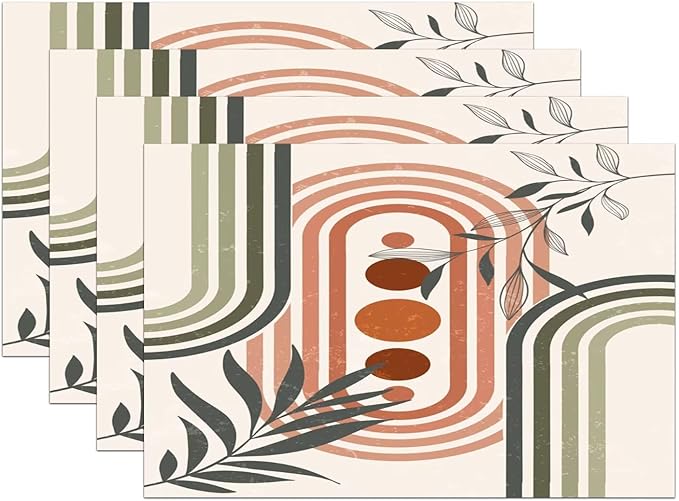 Mid Century Boho Sage Placemats, Abstract Bohemian Mid Century Plant Leaf Rainbow Dots Washable Place Mats 12x18Inch for Dining Kitchen Farmhouse Decor 6 PCS