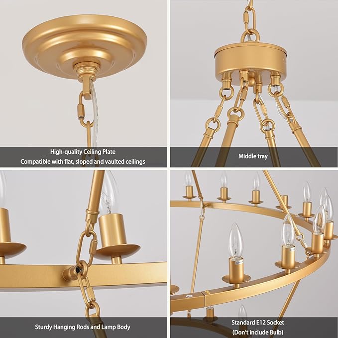 48 Inch 2 Tier Gold Extra Large Wagon Wheel Chandelier 36-Lights Farmhouse Industrial Round High Ceiling Pendant Light Adjustable Chain, for Dining Room, Living Room