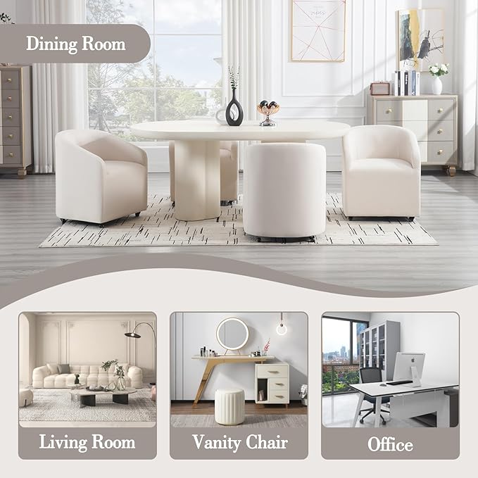 Modern Barrel Dining Chairs with Rolling Casters Set of 4, Upholstered Linen Swivel Dining Room Chairs with Wheels for Kitchen Living Room Home Office, Beige