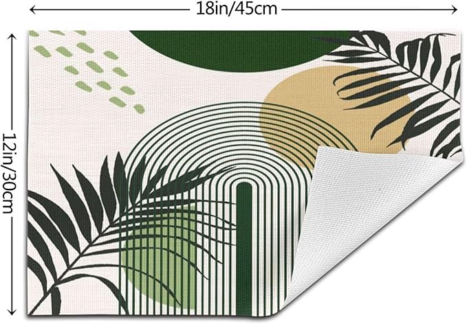 Boho Mid Century Sun Placemats Printed Modern Rainbow Leaves Green Design Washable Place Mats 12x18Inch for Dining Kitchen Farmhouse Decor 4 PCS