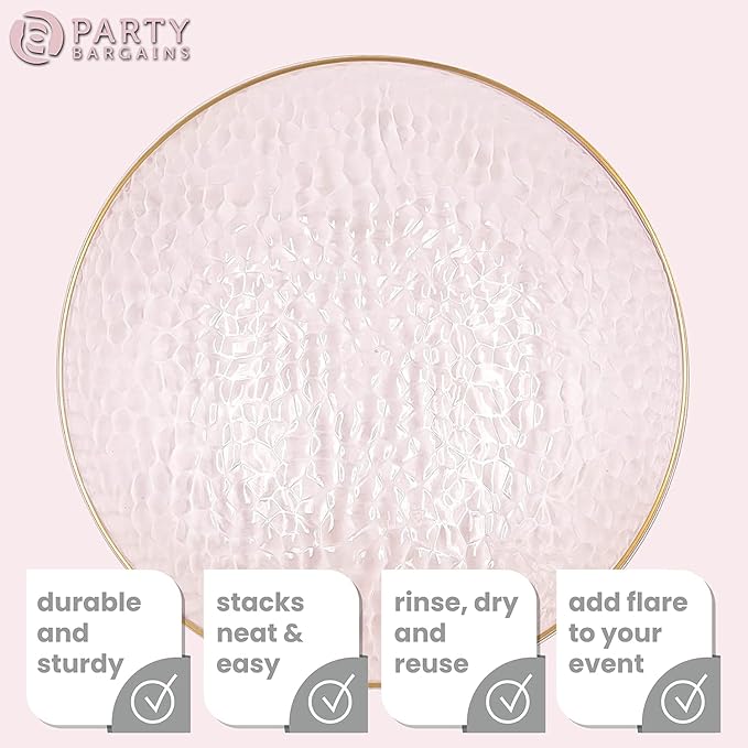 PARTY BARGAINS 13-Inch Charger Plates - 8 Pack, Hammered Pink Gold Rim, Heavy-Duty Disposable Chargers for Elegant Dining - Ideal for Weddings and Formal Events