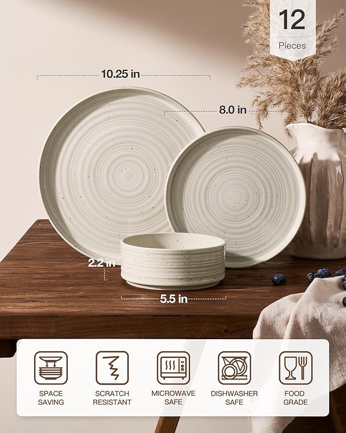 Stoneware Dinnerware Sets, Plate and Bowl Sets for 4, 12 Pieces Spiral Straight Dishware with Speckles and Reactive Glaze, Microwave Dishwasher Safe Family Tableware, Shell Beige