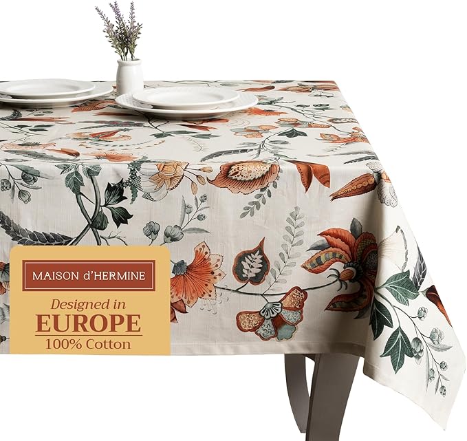 Maison d' Hermine Table Cloth Rectangle Table 100% Cotton 60 x 90 Inches Fall Tablecloth Reusable Everyday Use for Thanksgiving Christmas Decorations Dining Farmhouse Party (Dalida)