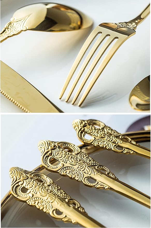 Gold Silverware Set for 12 Premium 18/10 Stainless Steel Flatware Set Palace Style 60 Piece Cutlery Tableware Utensils Embossed Decorative Handle Knives Forks and Spoons for Home Christmas Wedding