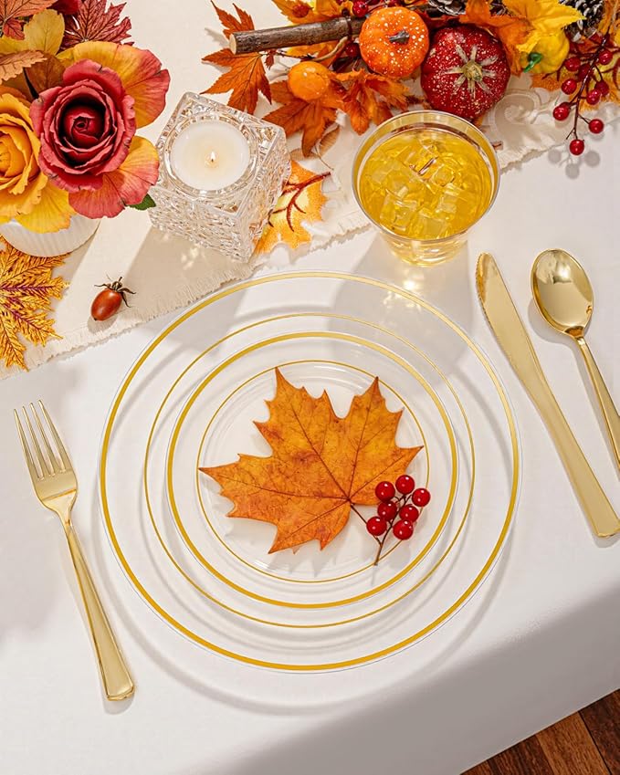 bUCLA 300Pcs Clear Gold Plastic Disposable Dinnerware Set - Clear Plates with Gold Trim Include 50 Dinner / 50 Dessert Plates,50 Cups,150 Plastic Silverware Set for Party