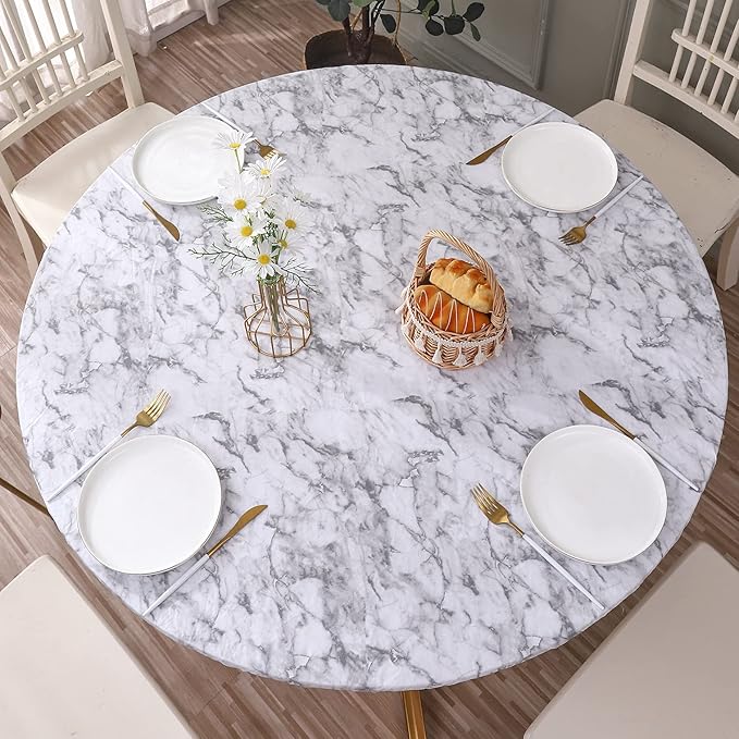 Walrus Round Vinyl Fitted Tablecloth with Flannel Backing Elastic Edge Design Table Cover Waterproof Oil-Proof PVC Table Cloth Stain-Resistant Best for 32"-36" Round