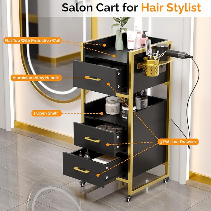 OmySalon Salon Trolley Cart, Hair Styling Station with 3 Drawers, 2 Open Shelf & Tool Holders, Mobile Barber Storage Cabinet Utility Trolley for Beauty Salon Spa,Black
