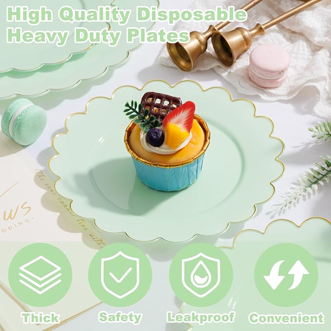 LIYH 100 Pcs Sage Green Dessert Plates Scalloped Plastic Cake Plate Gold Rim - 7.5 Inch Heavy-Duty Leak Proof Appetizer Plastic Plates for Birthday Wedding Holiday Party Self-Service Table Decor