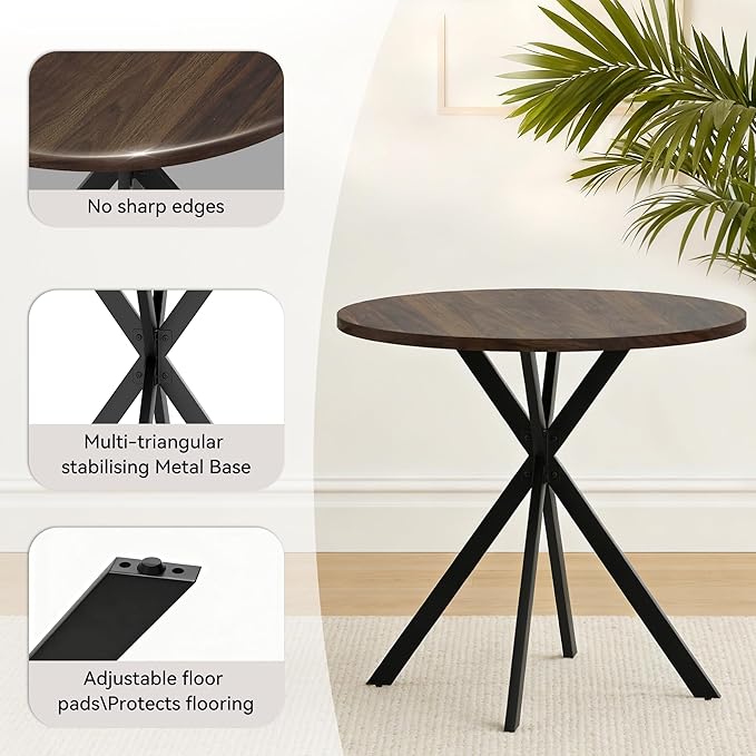 31.5" Round Dining Table Chairs Set for 2, Small Dining Table Chairs Set Space-Saving, Small Dinette Sets for 2 for Kitchen Dining Room Apartment(Walnut Table + Brown Chairs)